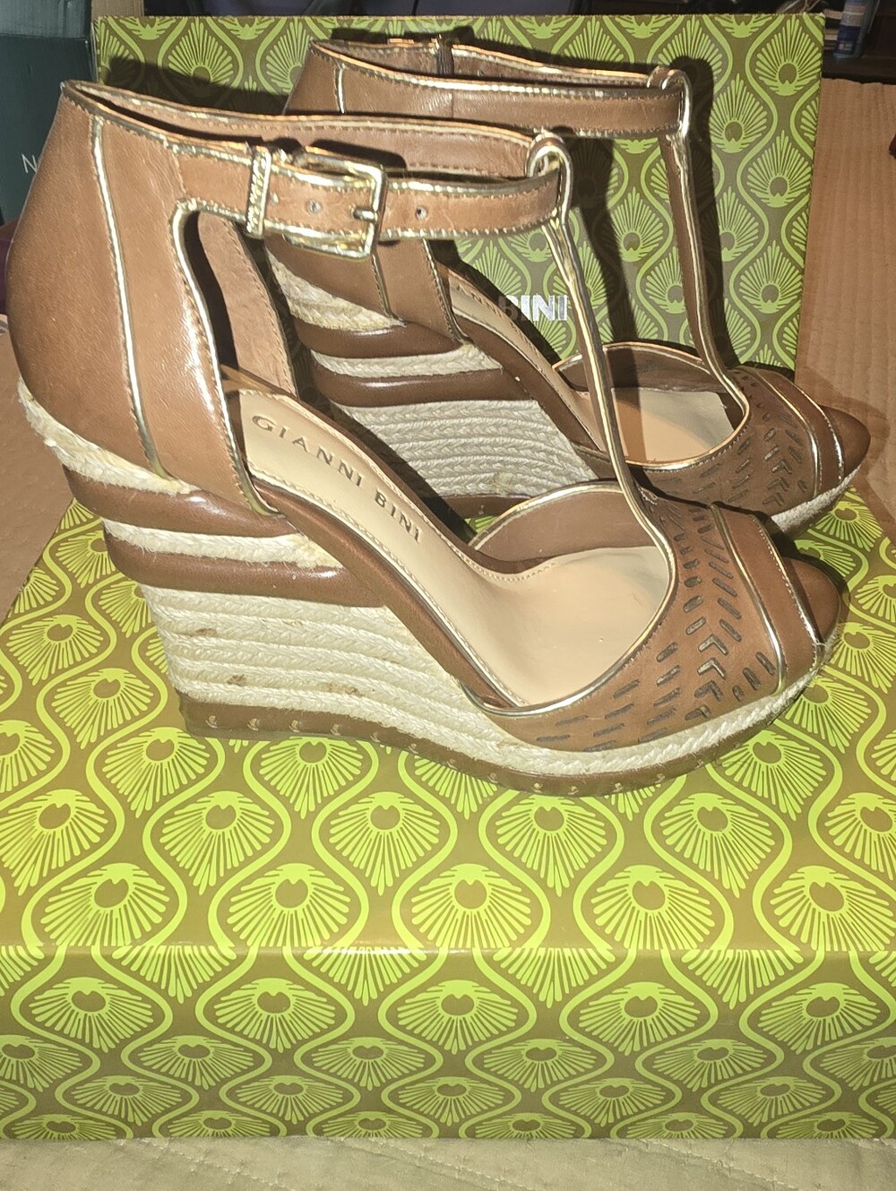 Gianni Bini Kelby Brown T-Strap Espadrille Wedge Sandals